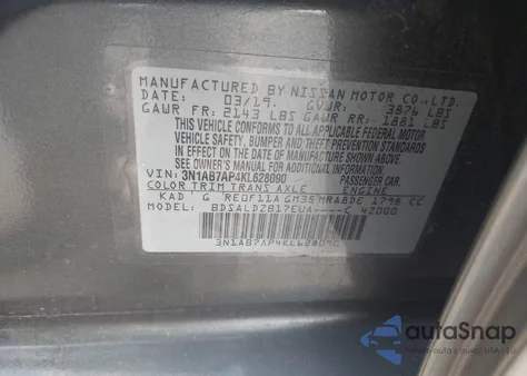 2019 Nissan Sentra Sv z USA, uszkodzony, nr VIN 3N1AB7AP4KL628090